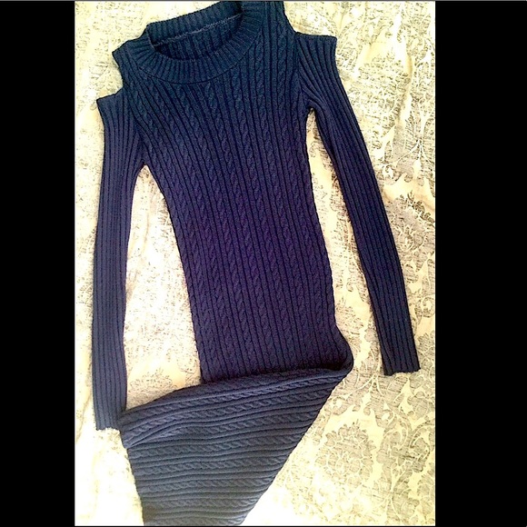 Blue Small Sweater Cold Shoulder Dress - Picture 2 of 8